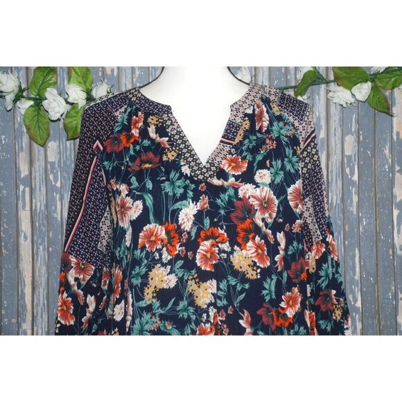 Jodifl Boho Blue Floral Blouse Top Size S V-Neck Long Bubble Sleeves Oversized - Picture 2 of 8